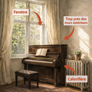 Piano droit. placer trop près d'une fenêtre, calorifère et mure extérieur