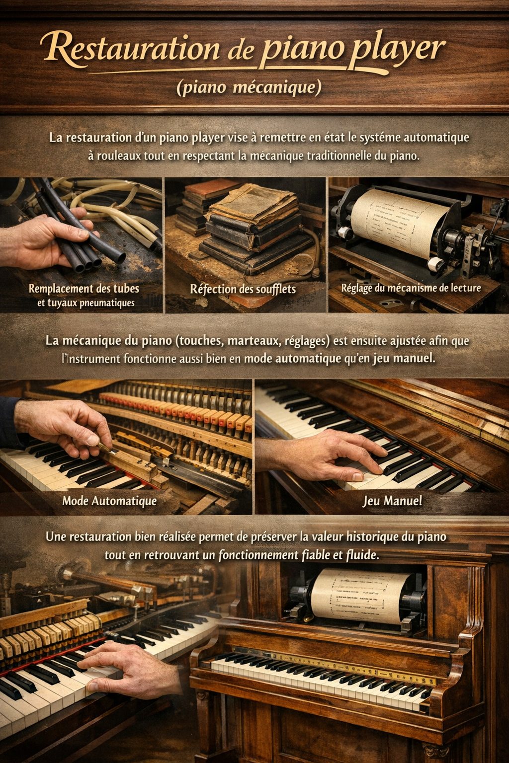 La restauration d’un piano player vise à remettre en état le système automatique à rouleaux tout en respectant la mécanique traditionnelle du piano.
