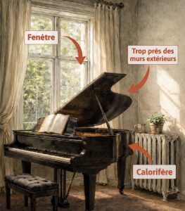 Piano a queu placer trop près d'une fenêtre, calorifère et mure extérieur