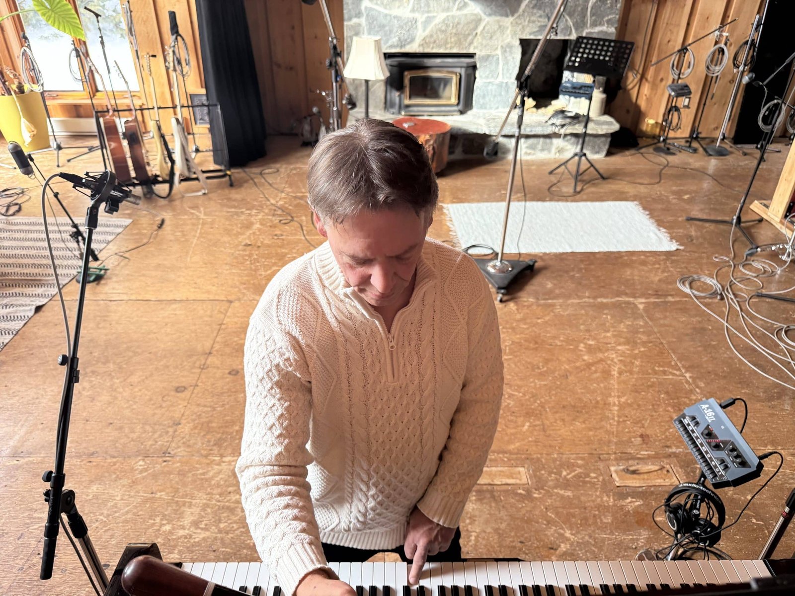 Top view of tuning and regulation of a grand piano in a recording studio