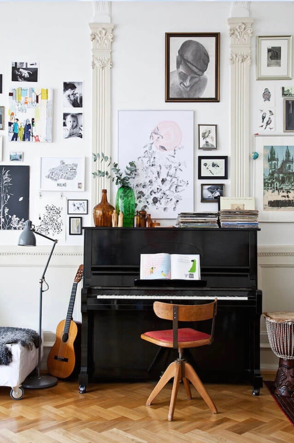 Family upright piano in a living room