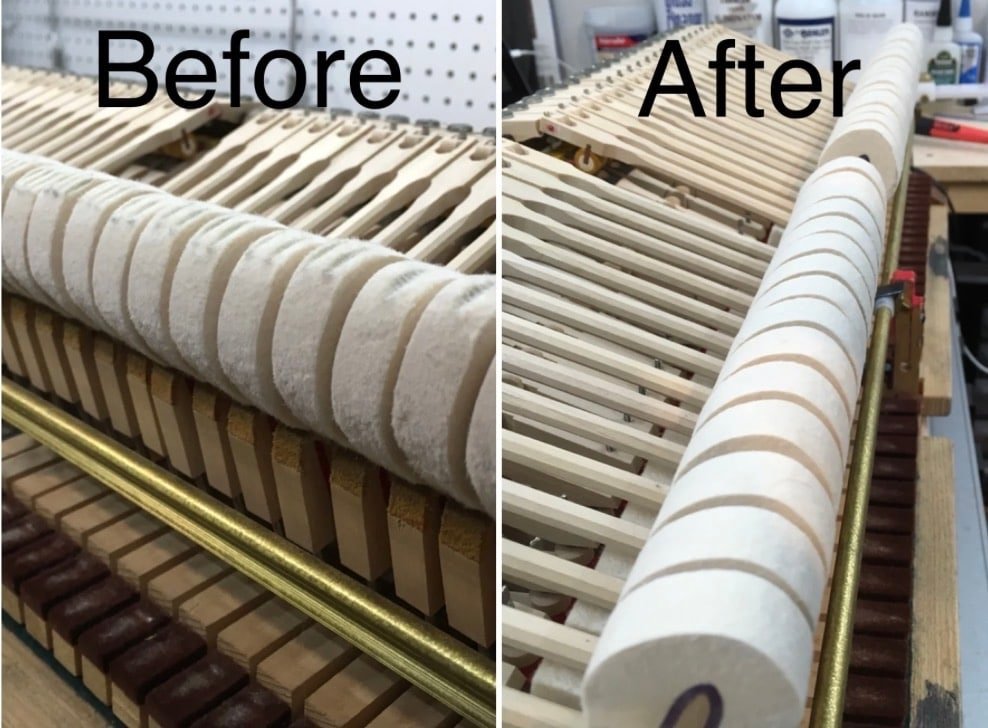 Piano hammers before and after repair