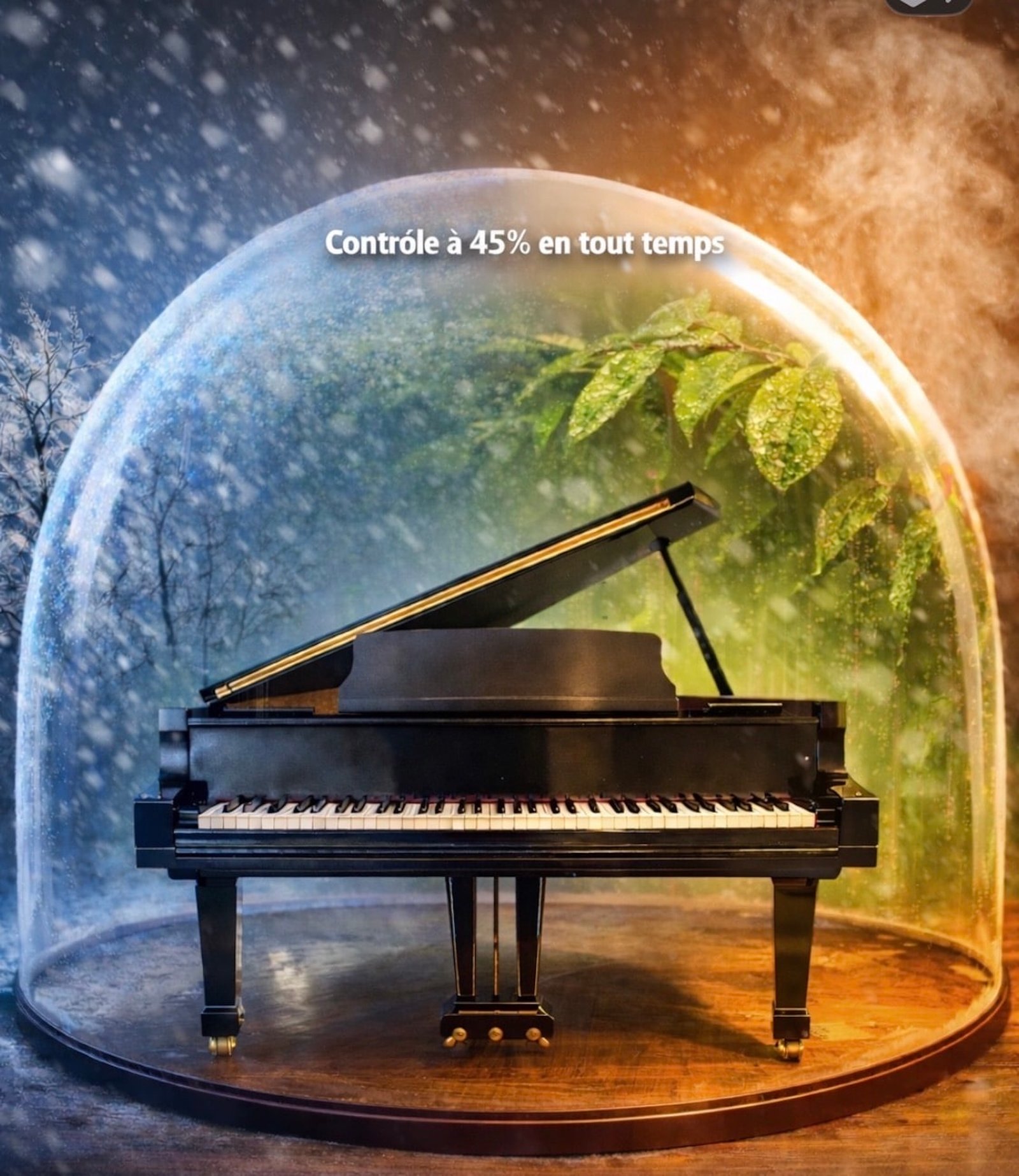 Piano under a protective bell symbolizing the Piano Life Saver microclimate